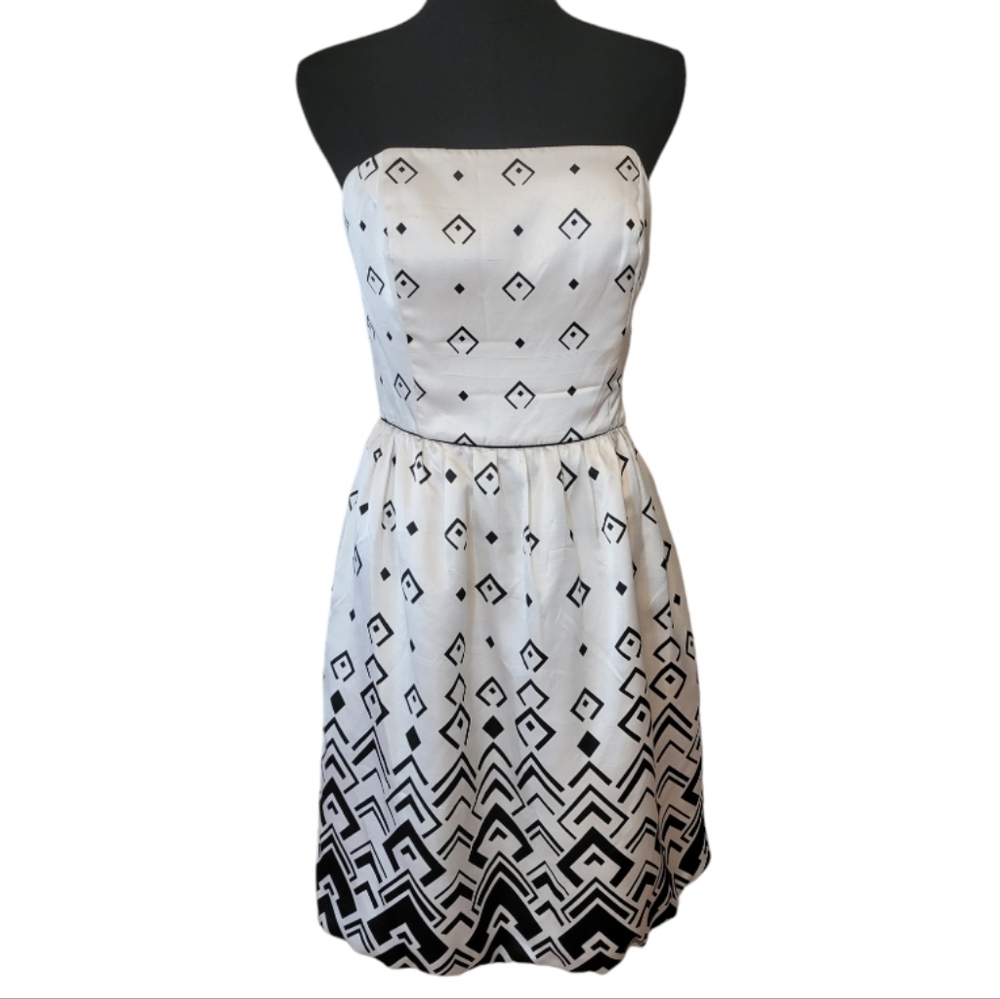 WHBM Black & White Strapless 100% Silk Dress Size 6